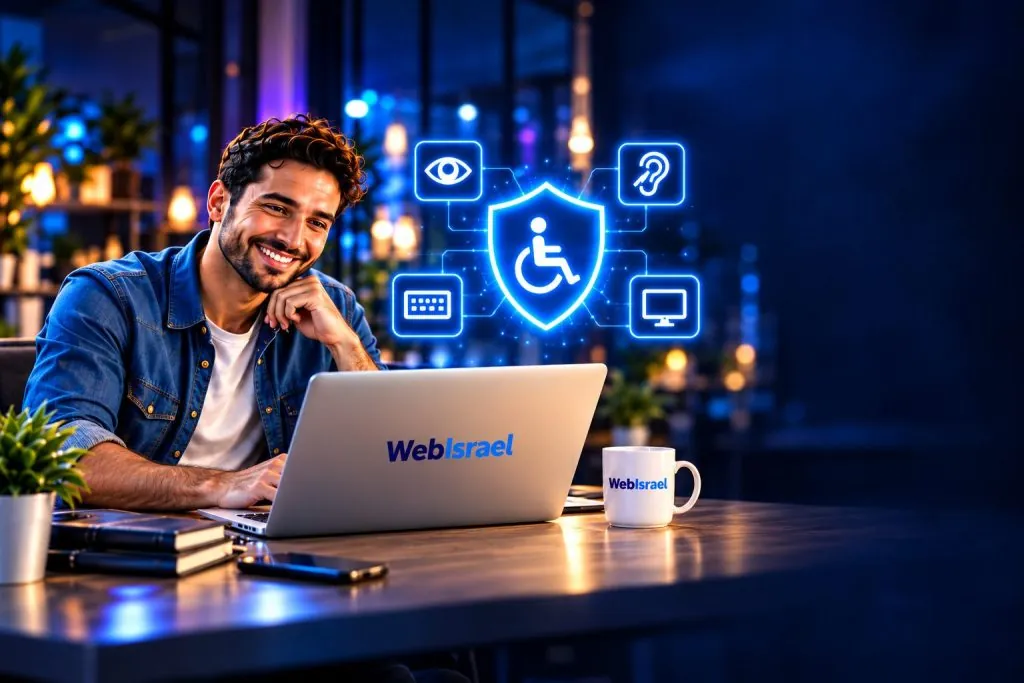 נציג WebIsrael ליד מחשב נייד וסמלי נגישות זוהרים