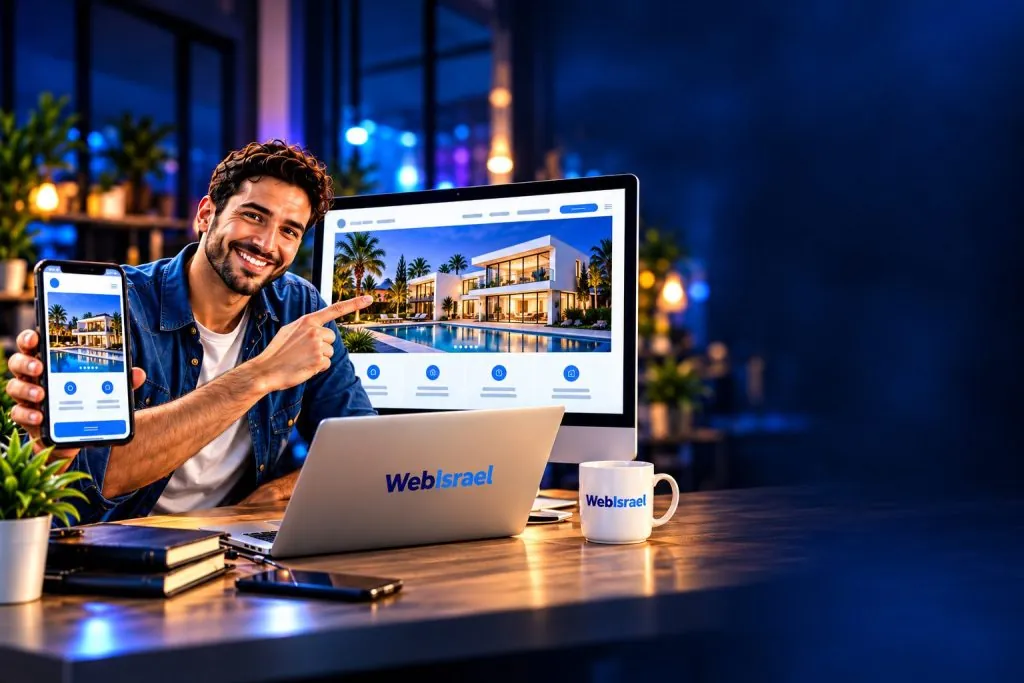 נציג WebIsrael מצביע על אתר עסקי במסך המחשב